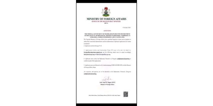 Apply For Nigeria Launches Diplomat Recruitment For 76 Embassies, 22 High Commissions, 11 Consulates